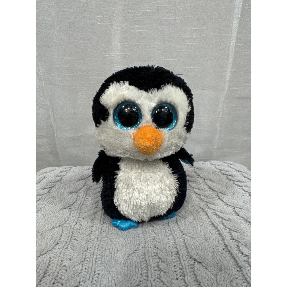Ty Beanie Boos Waddles Penguin Plush Black White Blue Glitter Eyes 6 inch